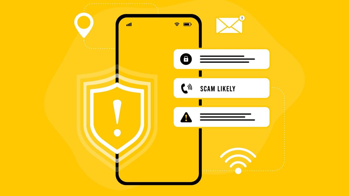 A digital concept image of a scam warning on a phone against a yellow background