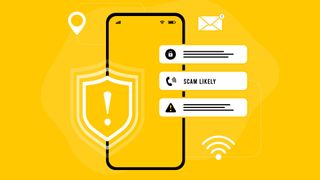 A digital concept image of a scam warning on a phone against a yellow background