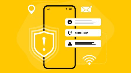 A digital concept image of a scam warning on a phone against a yellow background