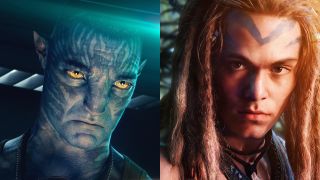 Stephen Lang as Na'vi Quaritch and Jack Champion as Spider in Avatar: The Way of Water, pictured side by side.