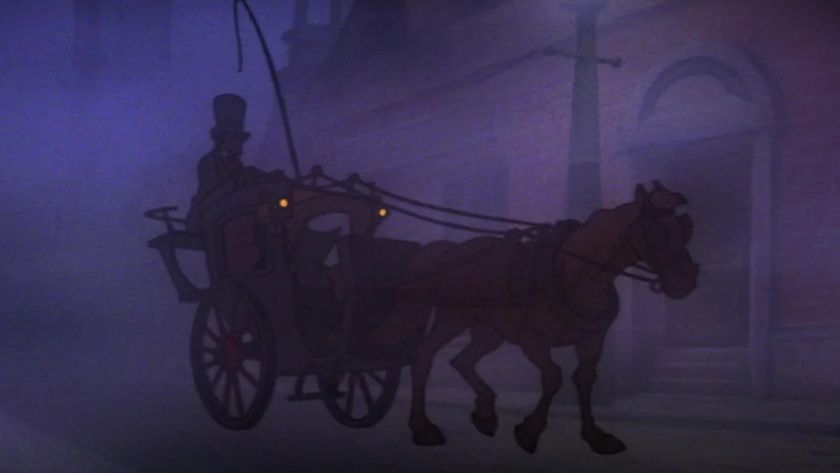 Fog obscures everything but the outline of a carriage in Great Mouse Detective.