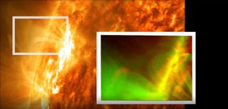 Forced magnetic reconnection, caused by a prominence from the sun, was seen for the first time in images from NASA's Solar Dynamics Observatory. This image shows the sun on May 3, 2012, with the inset showing a close-up of the reconnection event imaged by the spacecraft's Atmospheric Imaging Assembly instrument, where the signature X shape is visible.