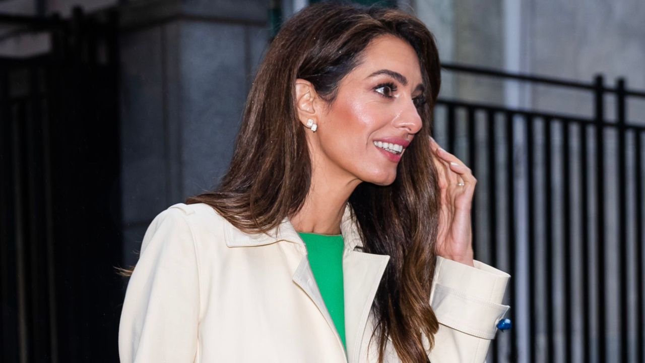 Amal Clooney apple green dress trench coat