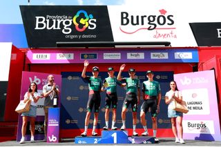 NEILA SPAIN AUGUST 06 LR Wilco Kelderman of Netherlands Matteo Fabbro of Italy Emanuel Buchmann of Germany and Patrick Gamper of Austria and Team Bora Hansgrohe celebrates winning the best team on the podium ceremony after the 44th Vuelta a Burgos 2022 Stage 5 a 170km stage from Lerma to Lagunas de Neila 1867m VueltaBurgos on August 06 2022 in Neila Spain Photo by Gonzalo Arroyo MorenoGetty Images