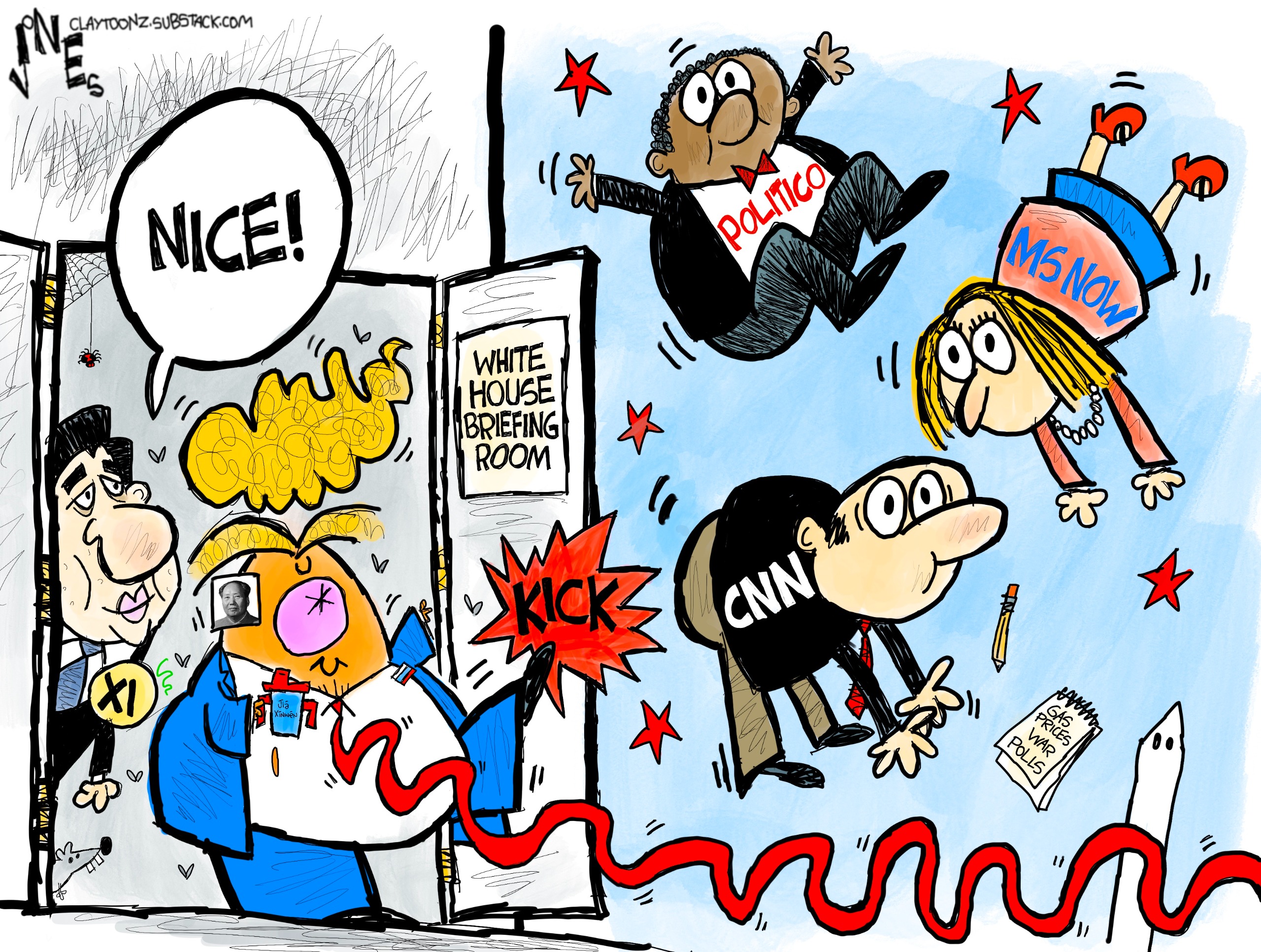 This cartoon depicts Donald Trump kicking reporters from Politico, CNN, and MS Now out of the White House Briefing Room. China&amp;rsquo;s Xi Jinping watches and says, &amp;ldquo;Nice!&amp;rdquo;