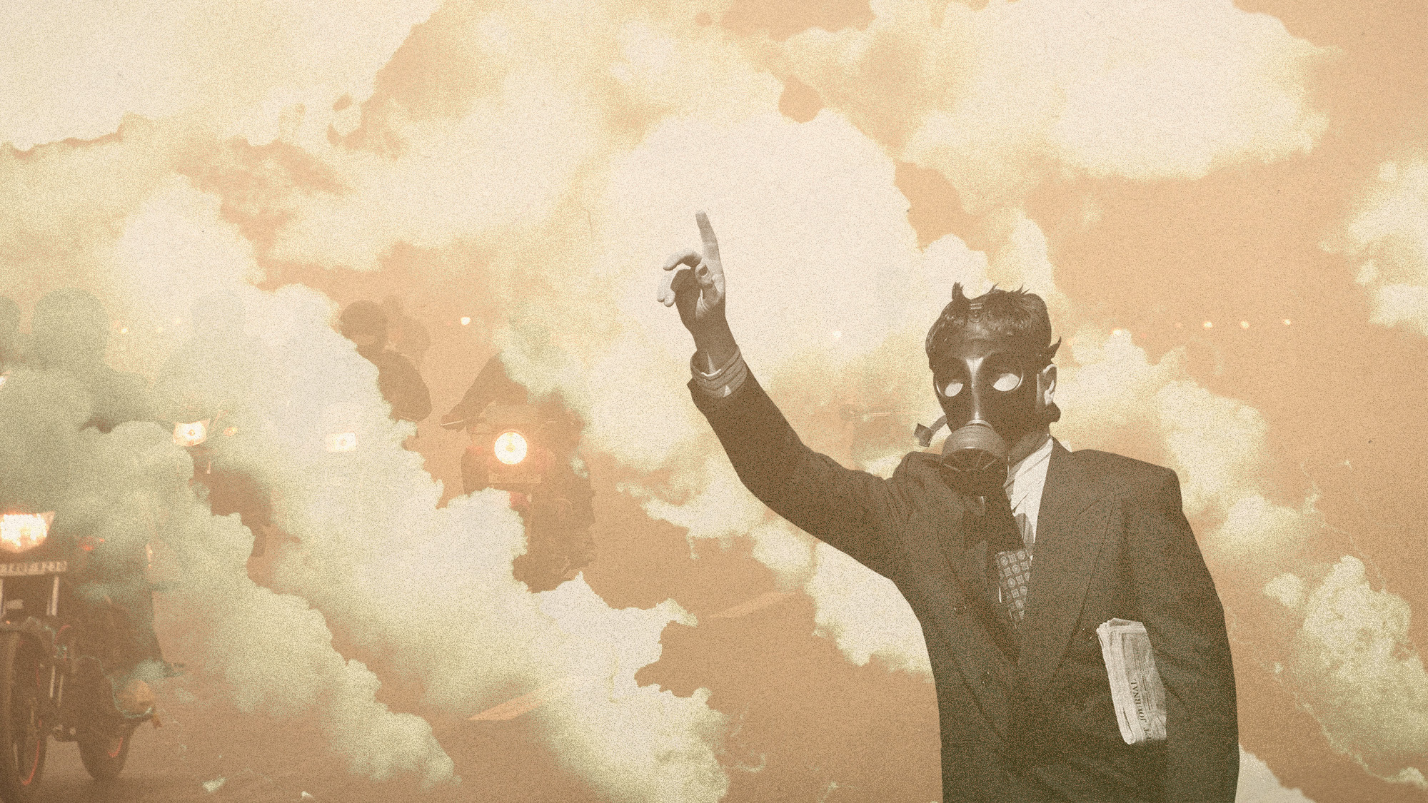 Photo collage of a man wearing a gas mask trying to hail a cab, surrounded by yellow fog