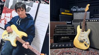 Johnny Marr with his guitar on the left and the mesa boogie rig plus fender strat on the right