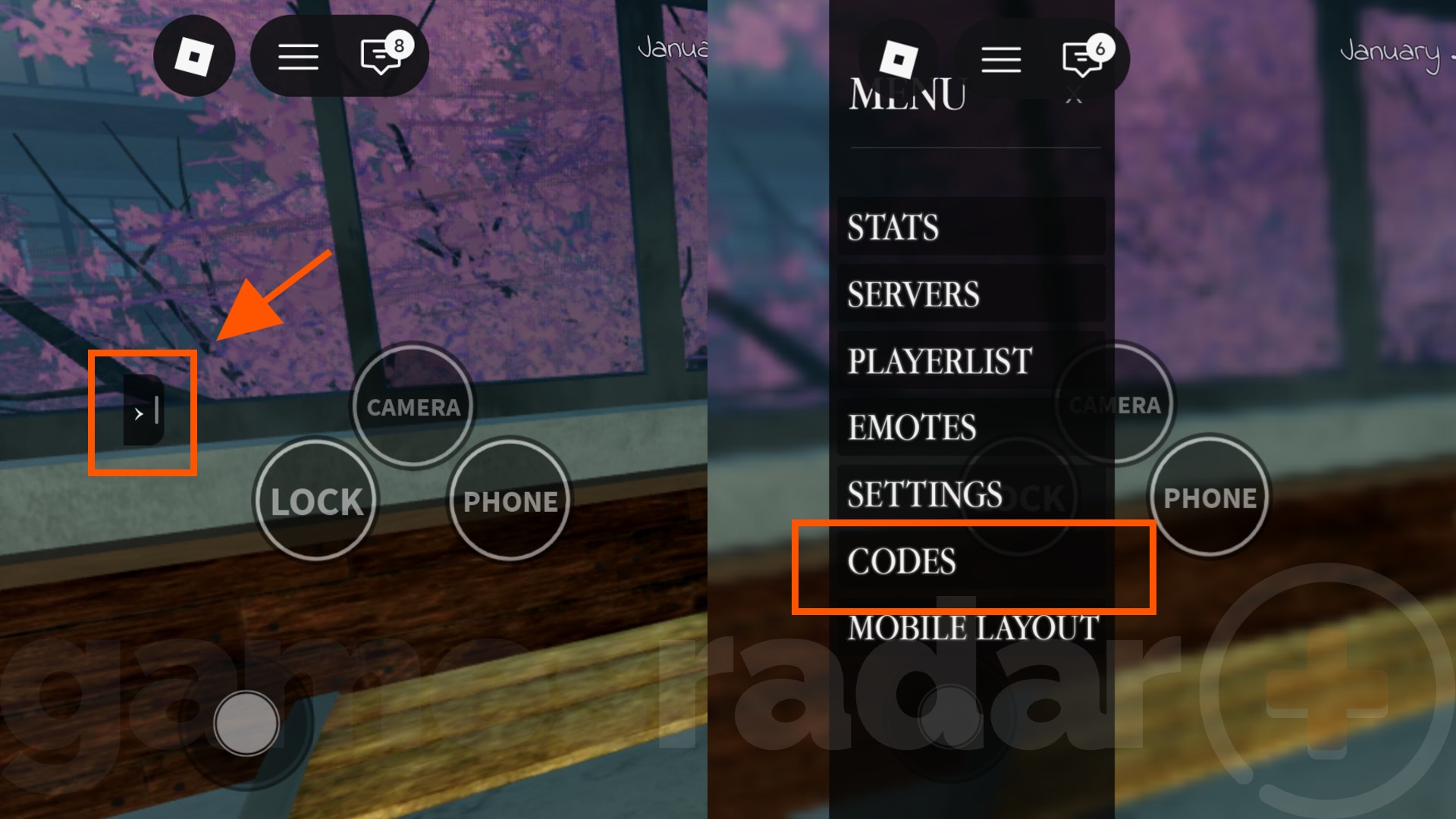 Orange boxes highlight the menu and codes buttons in Gakuran.
