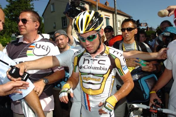 Mark Cavendish (HTC-Columbia) was surrounded by the media after his stage victory