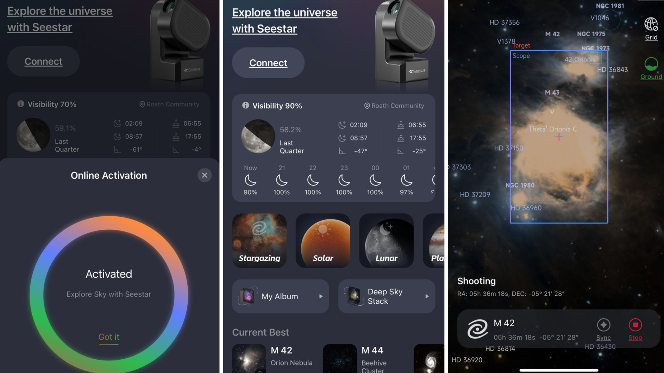 Screengrabs from the ZWO SeeStar S50 smart telescope app's planetarium software