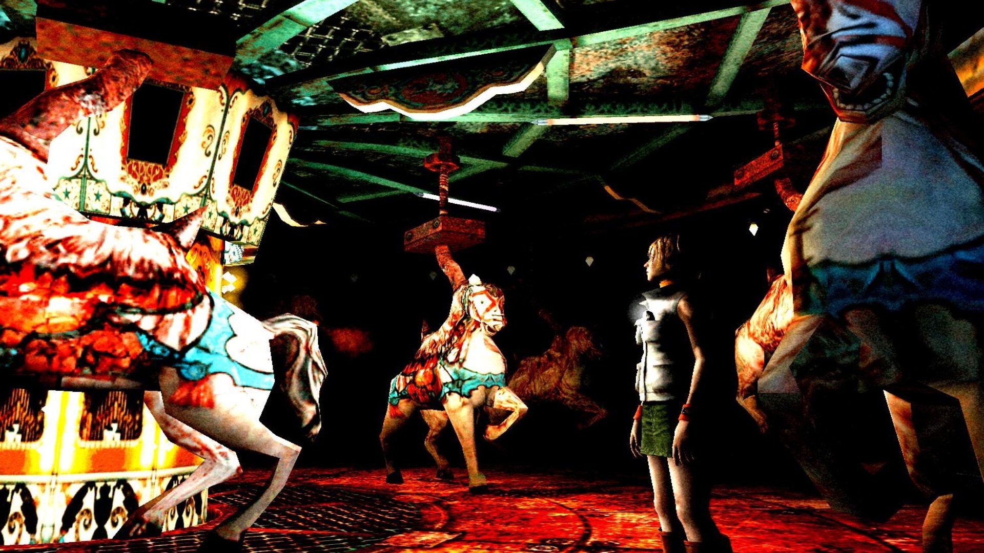 Silent Hill 3 screenshot of Heather standing in a fair merry-go-round where entrails cover the horses