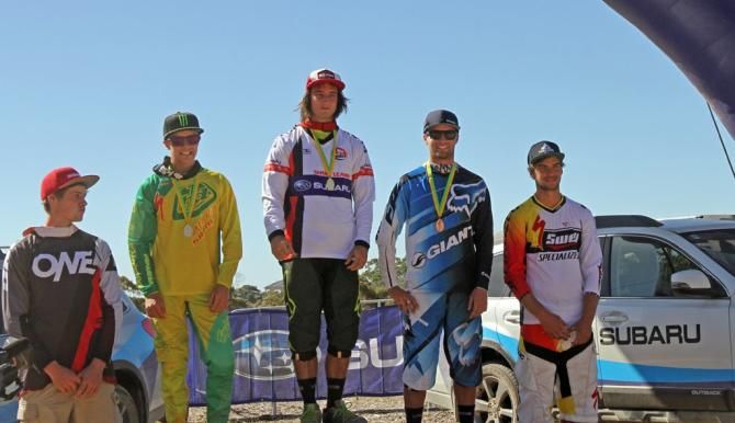 Elite men's downhill podium (L-R): Dean Lucas (4th), Troy Brosnan (2nd), Connor Fearon (1st), Joshua Button (3rd), David McMillan (5th)