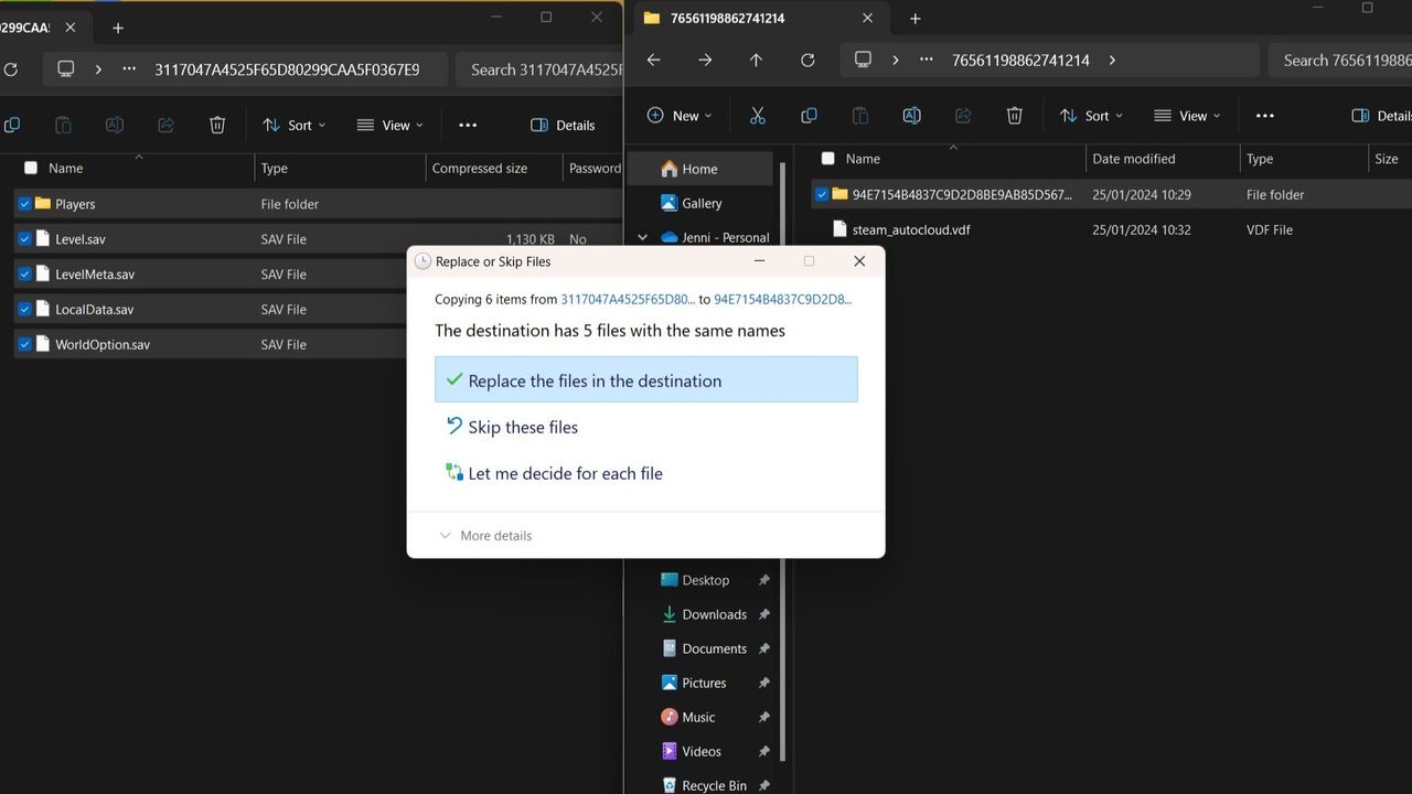 Dragging and dropping Palworld save data from Xbox to Steam