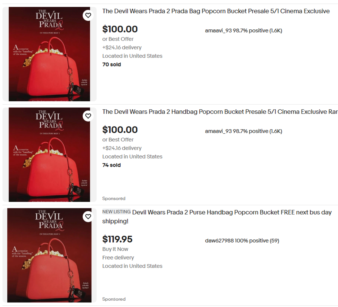 Devil Wears Parada 2 popcorn bucket listings on ebay