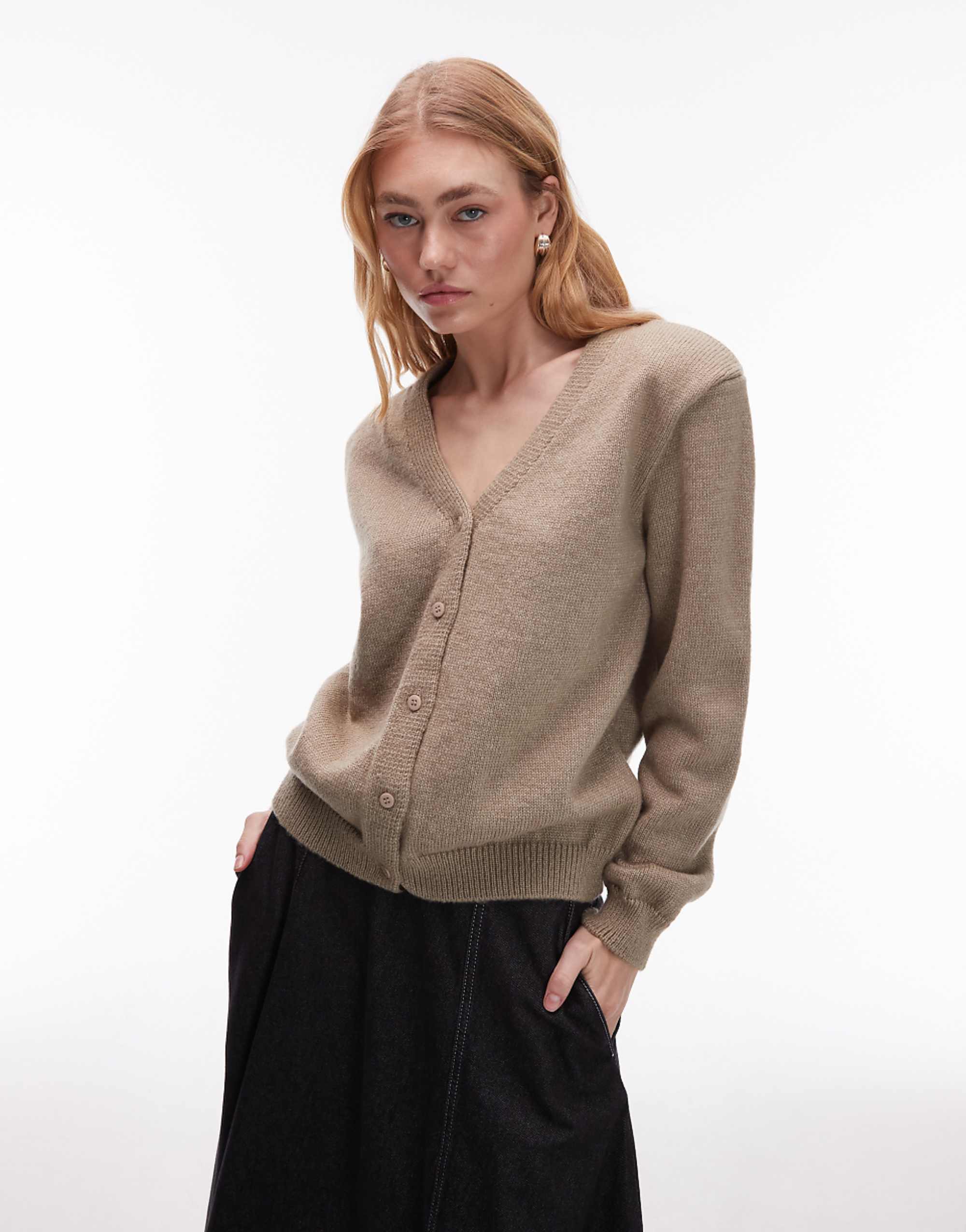 Asos Design Knitted V Neck Cardigan With Shoulder Pads in Mocha