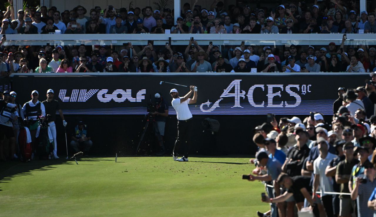 Dustin Johnson hits an iron shot at LIV Golf Adelaide 