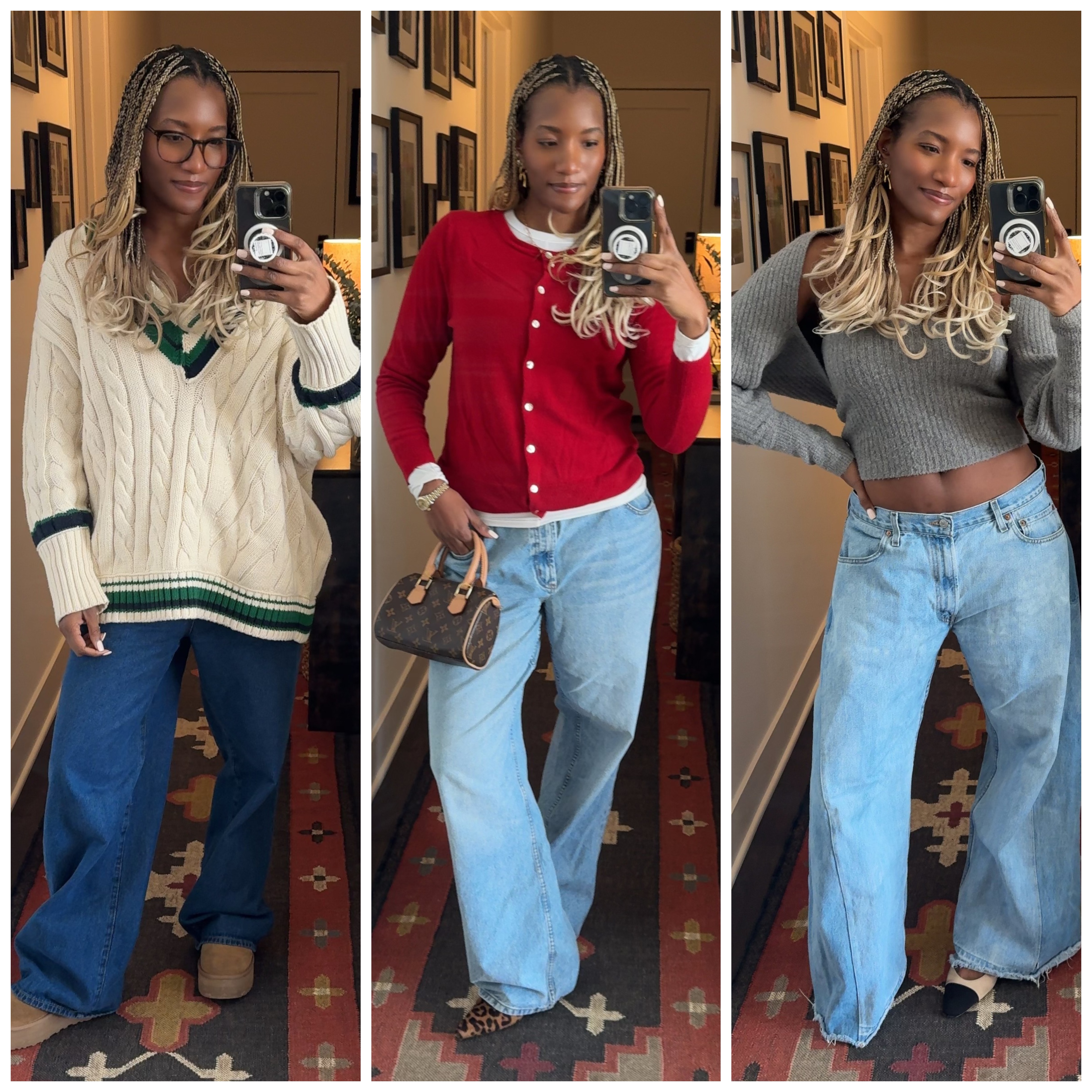 Danielle Prescod wearing a cream sweater and jeans; Danielle Prescod wearing a red sweater and jeans; Danielle Prescod wearing a gray sweater and jeans 