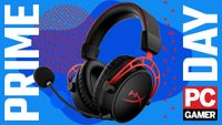 A HyperX Cloud Alpha Wireless gaming headset on a custom PC Gamer Prime Day background.