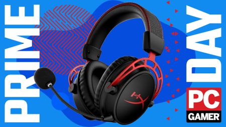 A HyperX Cloud Alpha Wireless gaming headset on a custom PC Gamer Prime Day background.