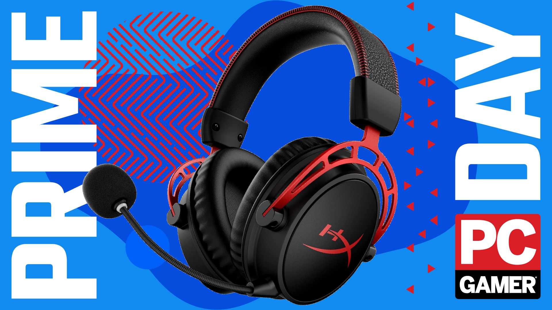 A HyperX Cloud Alpha Wireless gaming headset on a custom PC Gamer Prime Day background.