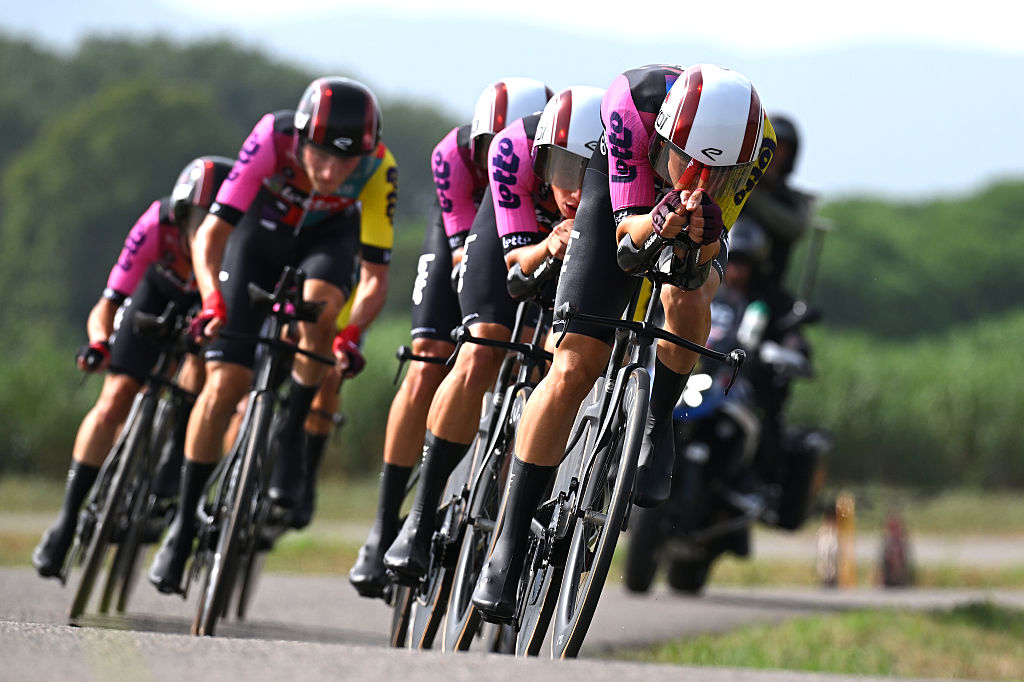 FIGUERES, SPAIN - AUGUST 27: Jonas Gregaard of Denmark and Team Lotto competes during the La Vuelta - 80th Tour of Spain 2025, Stage 5 a 24.1km team time trial stage from Figueres to Figueres / TTT / #UCIWT / on August 27, 2025 in Figueres, Spain. (Photo by Dario Belingheri/Getty Images)