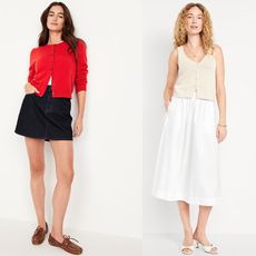 model wears red cardi and black mini with boat shoes, model wears white skirt with vest, model wears barrel leg jeans and button down