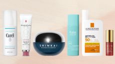 A selection of our beauty team's 'desert island' essentials from brands including Curél, Elizabeth Arden, Beauty Pie, Kate Somerville, La Roche-Posay and Tropic/ on a cream and peach gradient template