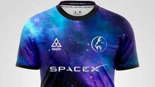 A mock up of a Haddington Town football shirt featuring the SpaceX logo