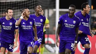 Orlando City celebrates during the MLS is Back Tournament in Orlando earlier this summer. They'll take on Florida rival Inter Miami CF on Saturday. 