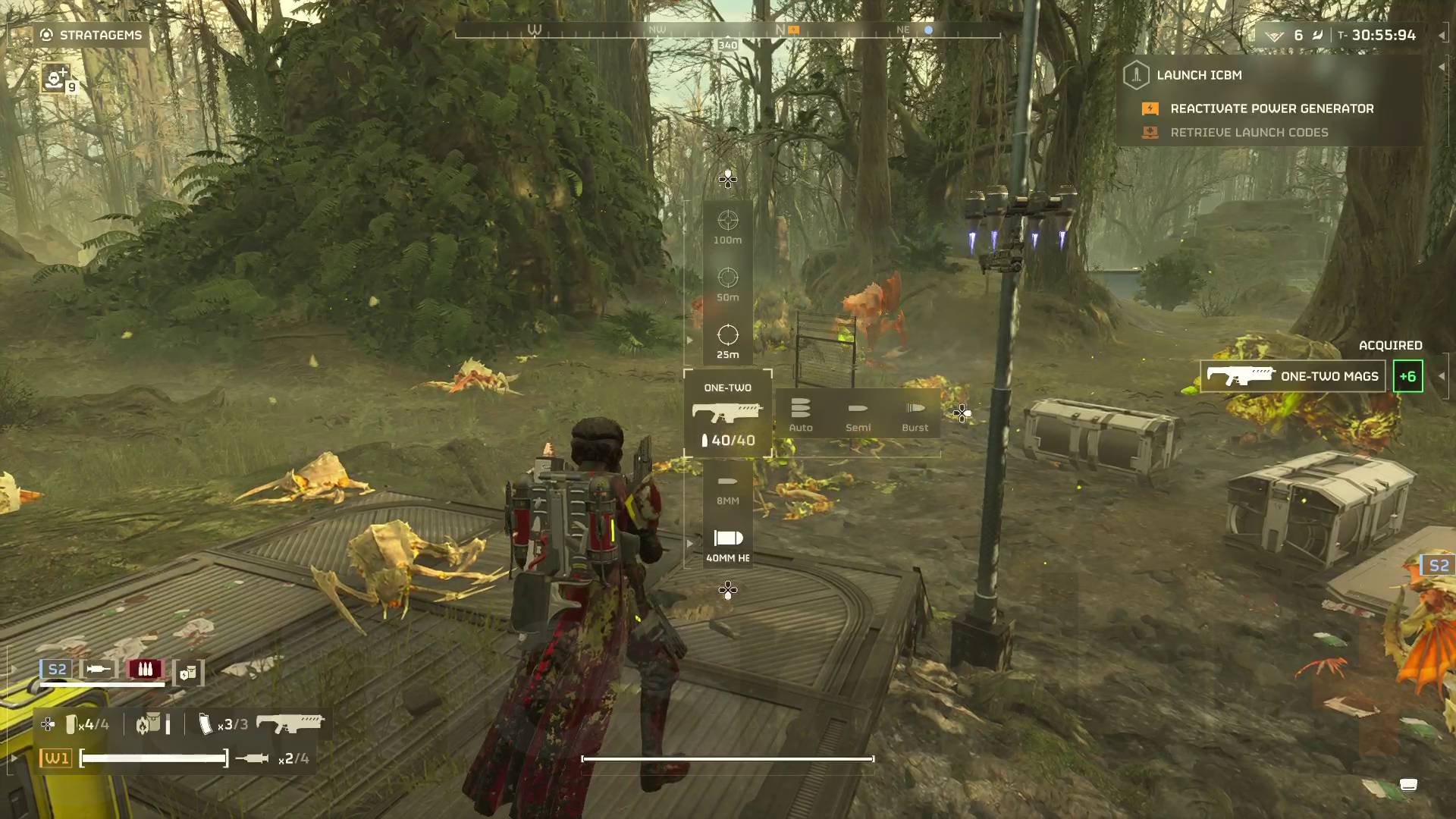 Helldivers 2 Python Commandos warbond switching AR/GL to grenade launcher mode while hot dog drone protects