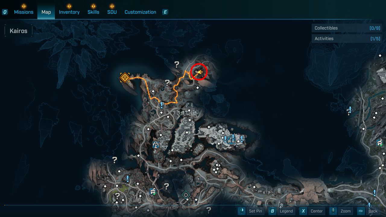 Borderlands 4 Wombo Combo location: A map with a red circle showing the location of Saw's Clench drill site in northern Ruined Sumplands, Carcadia Burn.