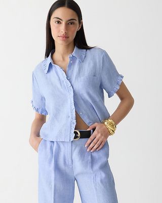 Ruffle-Trim Button-Up Shirt in Linen