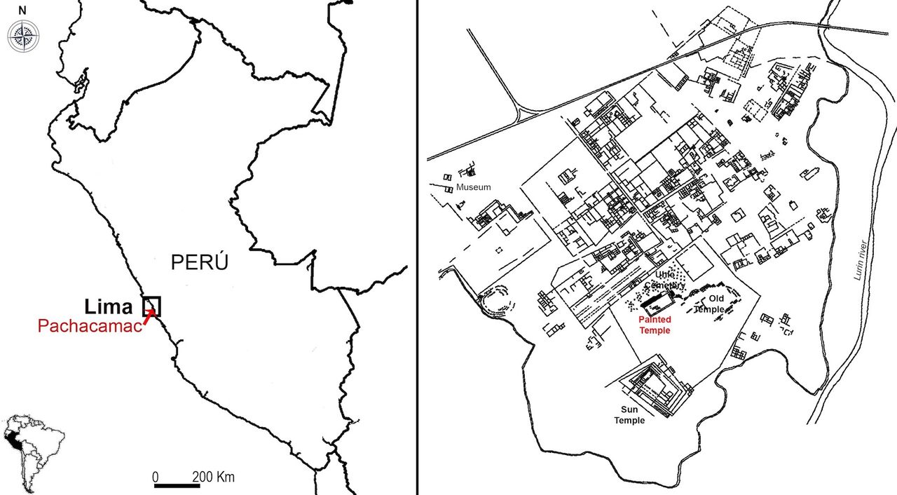 This map shows the Pachacamac archaeological site and the location of the painted temple, where the idol was discovered in 1938.