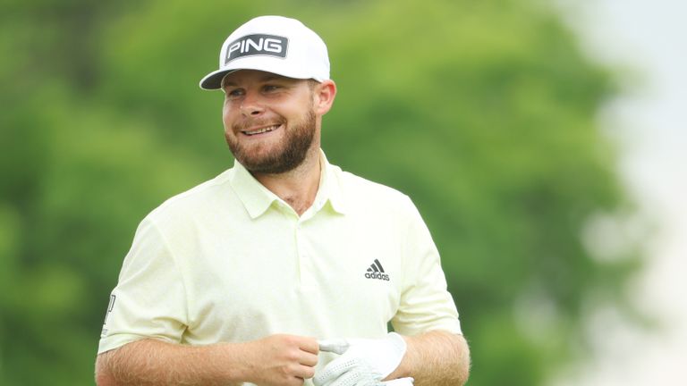 Tyrrell Hatton smiling during the second round of the 2022 PGA Championship 