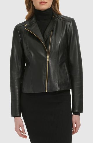 Band Collar Leather Moto Jacket