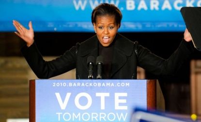 Michelle Obama speaks at a rally aimed at young voters. A Gallup poll found 75 percent of Republicans were 'certain' to vote, compared to 68 percent of Democrats. 