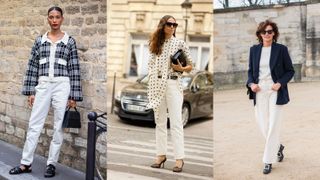 street style models wearing monochrome white jeans outfits