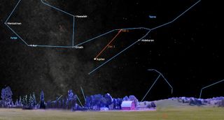 an orange line traces a point of light labeled jupiter in a starry sky above a barn and field.