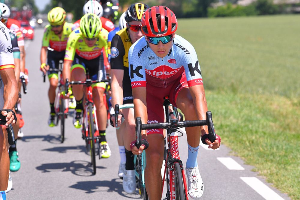 Vyacheslav Kuznetsov (Katusha-Alpecin) leads a 12-rider breakaway during stage 18 from Abbiategrasso to Prato Nevoso at the Giro d'Italia