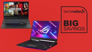 gaming laptops against a red background