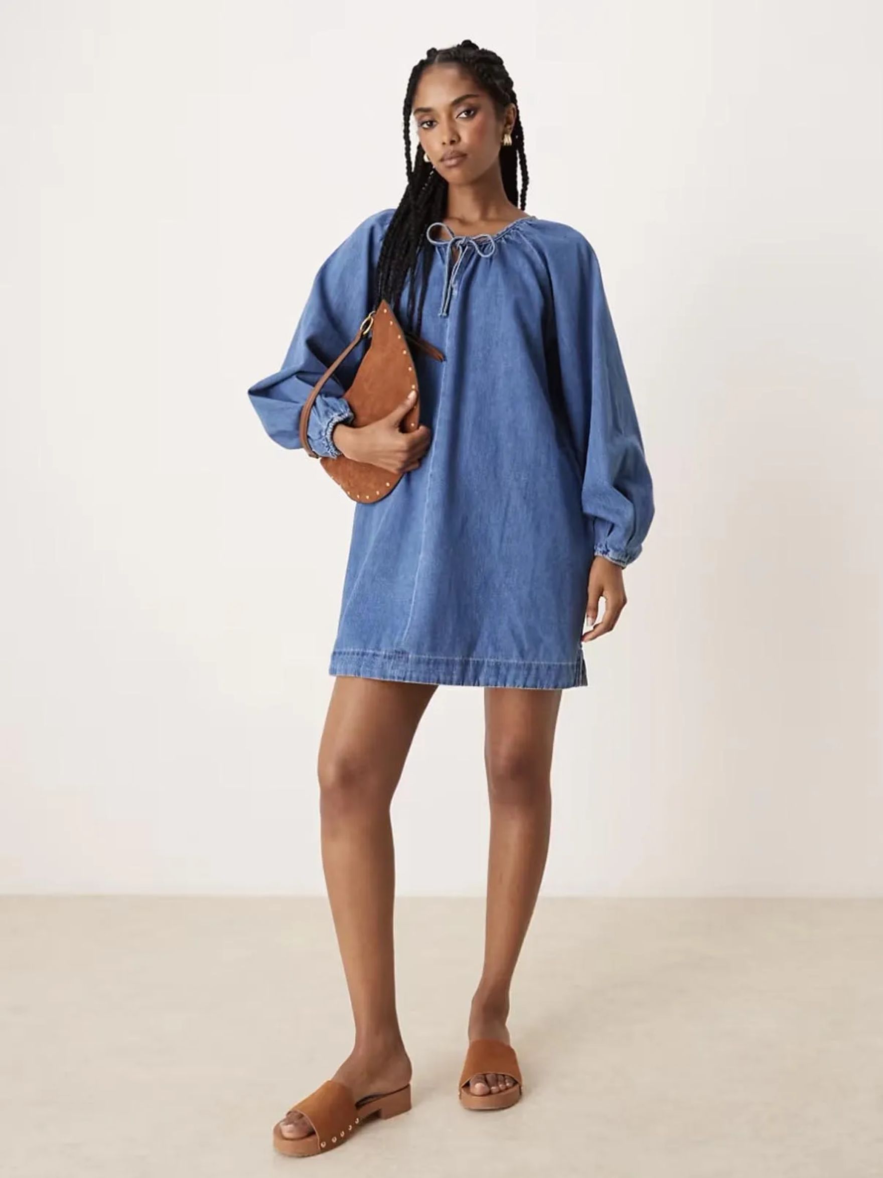 Asos Design Denim Mini Dress With Balloon Sleeves in Midwash Blue