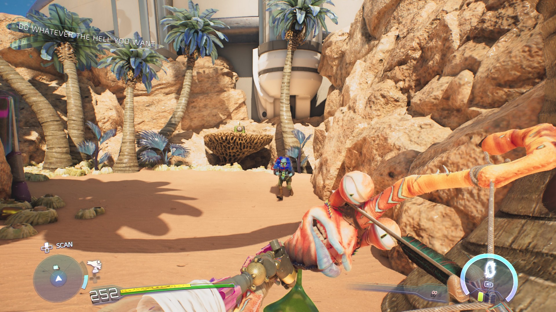 Aiming at an oncoming enemy with Bowie in High on Life 2's desert area