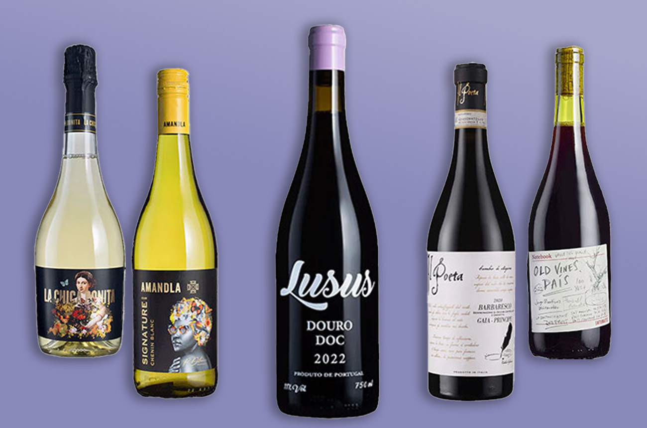 Laithwaites wines on a purple background with shadows