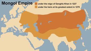 A map Eurasia showing the Mongol Empire. The larger yellow-orange color stretches from Eastern Europe to the east coast of China, and shows the greatest extent of his heirs in 1279. The smaller orange color stretches from Central Asia to eastern China and shows Genghis Khan's reign in 1227.