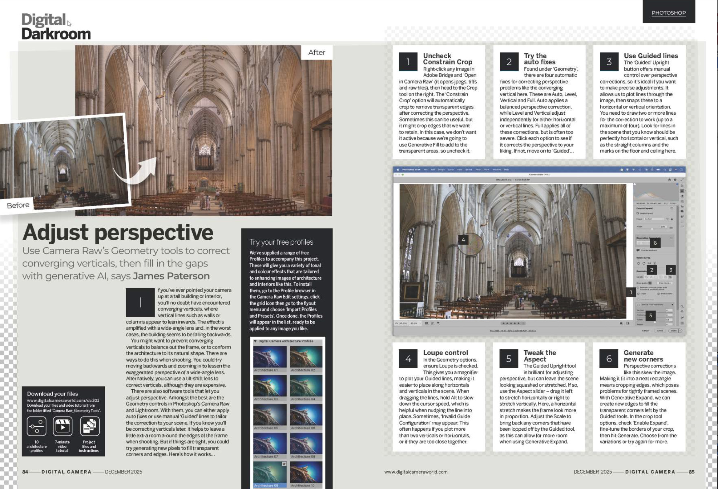Image showing the Tool School tutorial in issue 301 (December 2025) of Digital Camera magazine, about Adobe Photoshop to correct the optical effect of converging verticals in architectural photography