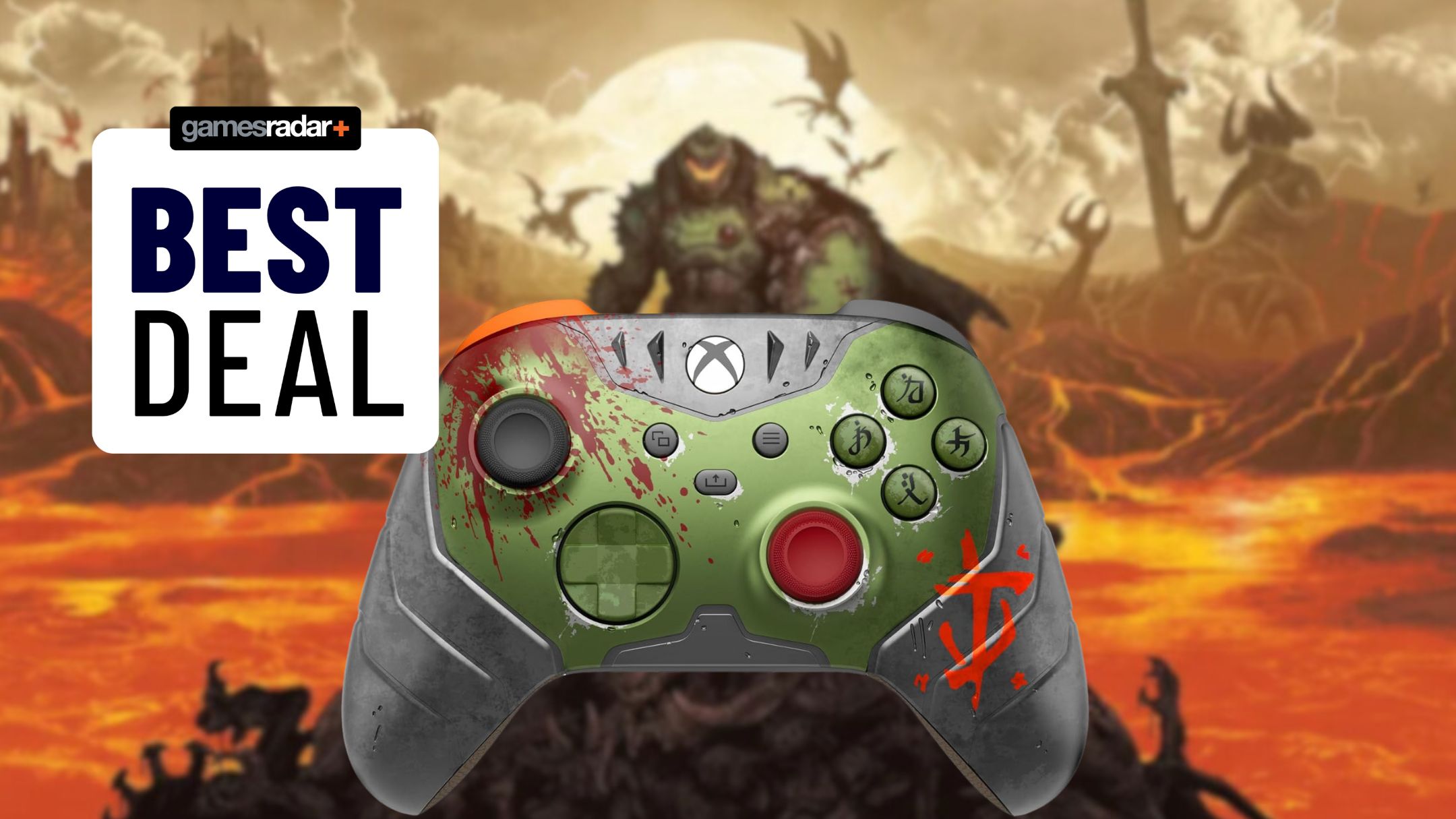 The DOOM: The Dark Ages Xbox controller over the top of a blurred image for the game