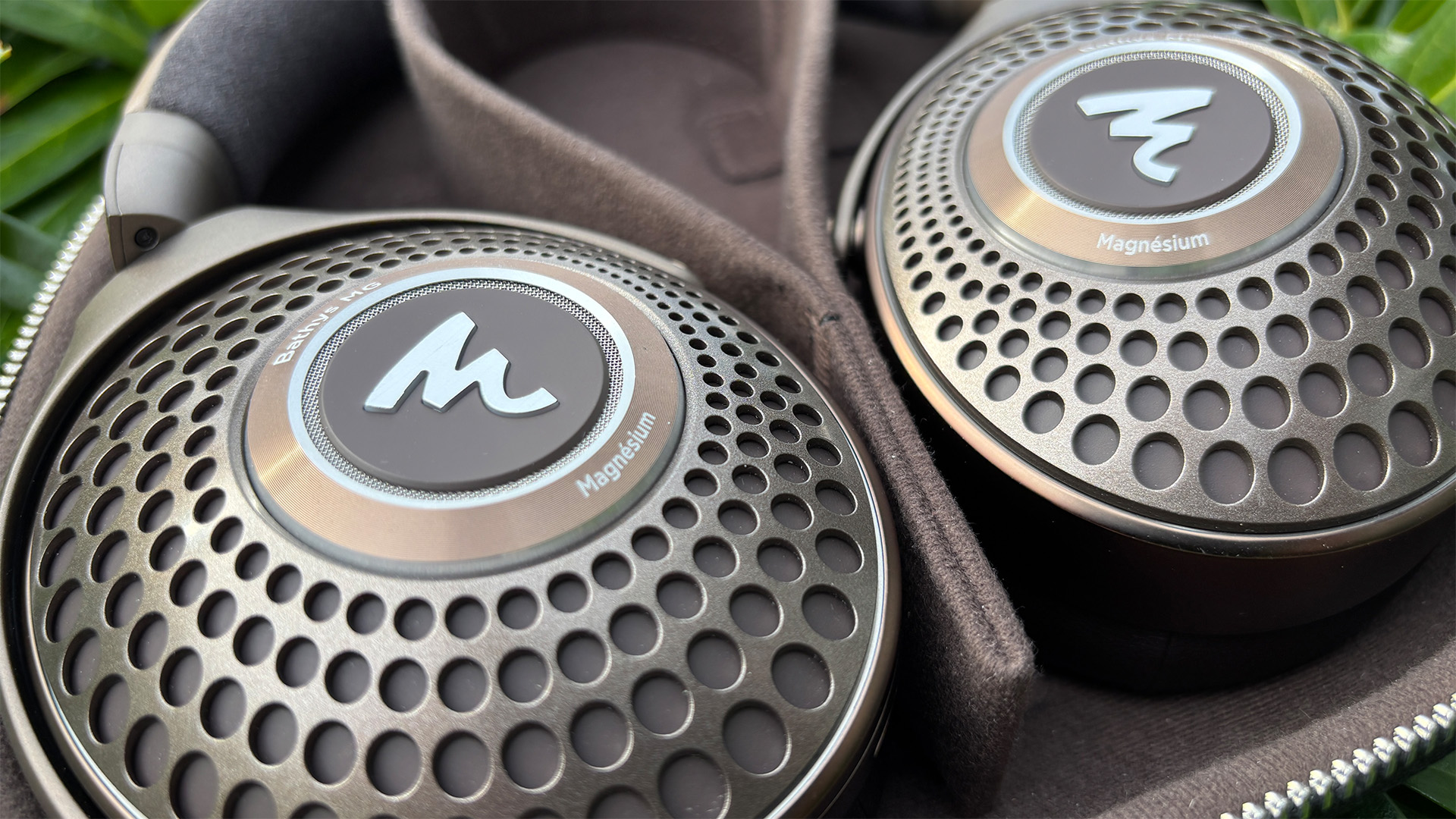 Focal Bathys MG wireless headphones close up on headphones in carry case