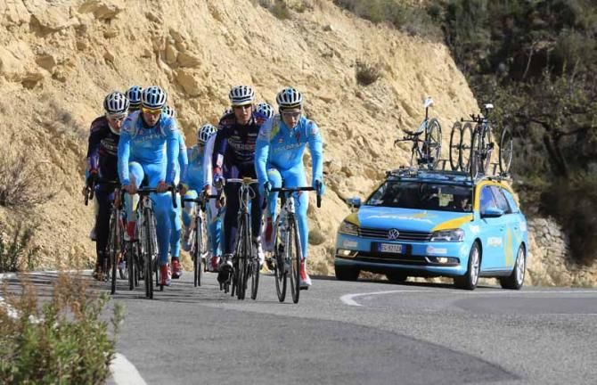 The Astana team ride in the foothills around Alicante