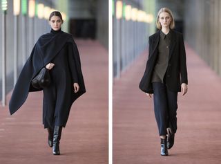 2 individual images with Female models on the runway of Lemaire A/W 2015 Womens fashion show