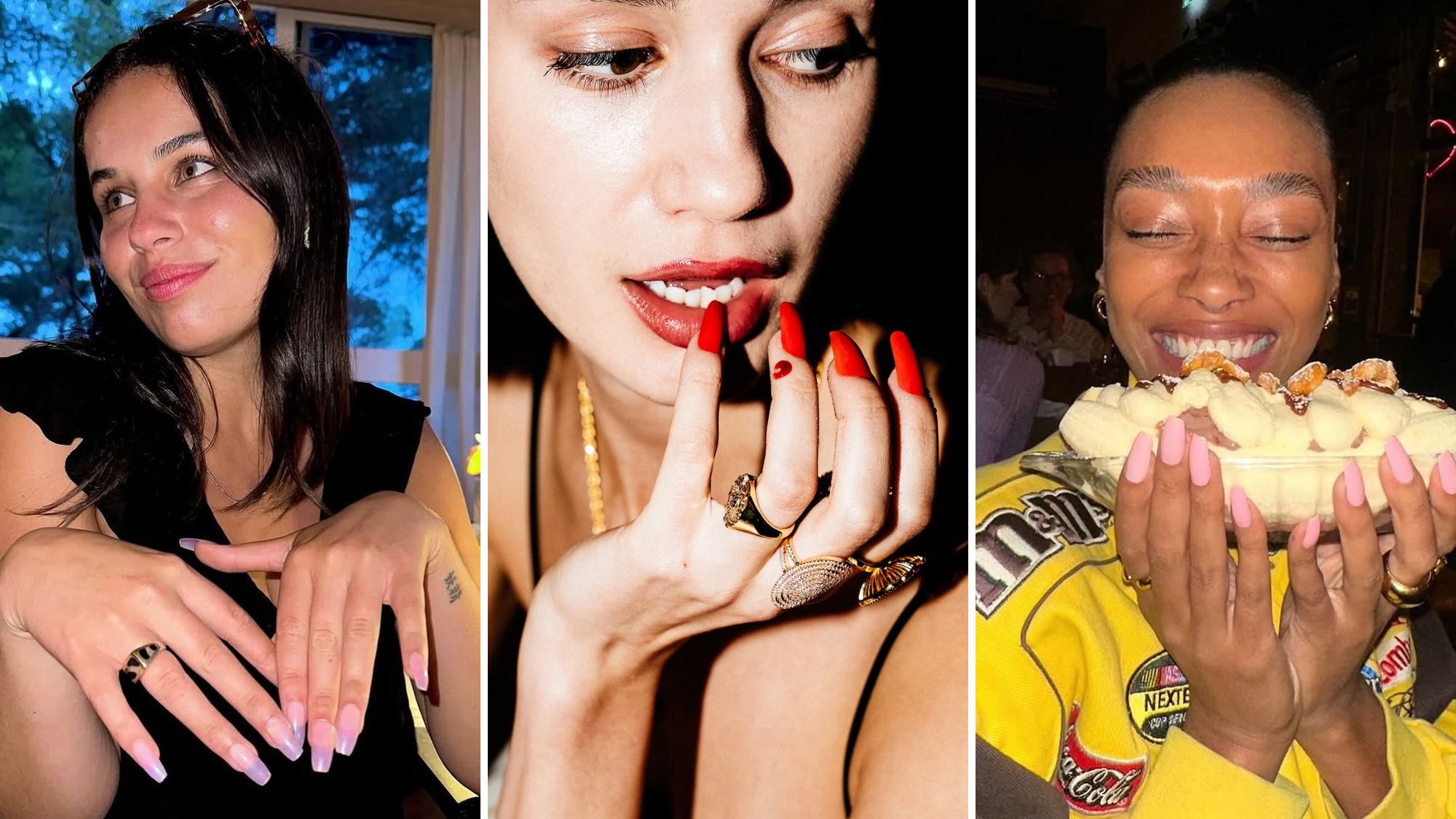 three women wearing claws by tiger taylor biodegradable press-ons